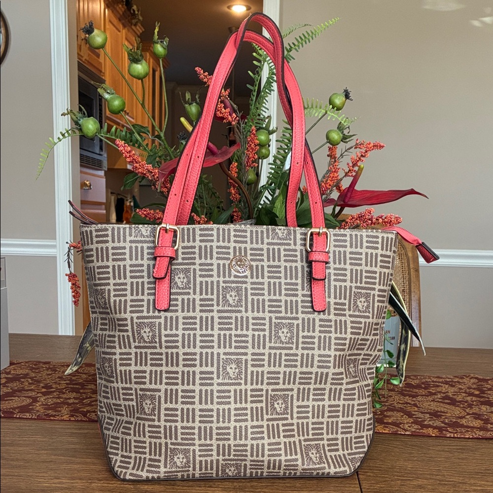 Anne Klein Geometric Beige Tote with Vibrant Red Handles-Like New